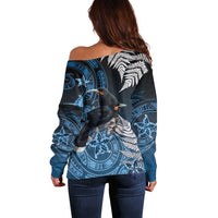 New Zealand Huia Bird Off Shoulder Sweater Aotearoa Maori Pattern LT05 - Polynesian Pride