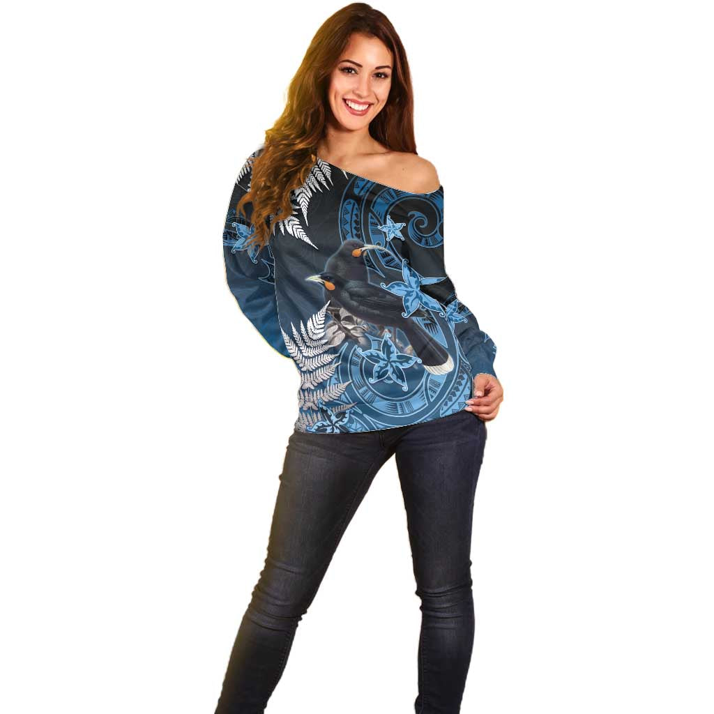 New Zealand Huia Bird Off Shoulder Sweater Aotearoa Maori Pattern LT05 - Polynesian Pride