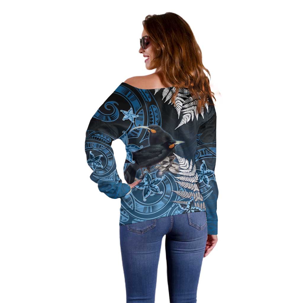 New Zealand Huia Bird Off Shoulder Sweater Aotearoa Maori Pattern LT05 - Polynesian Pride