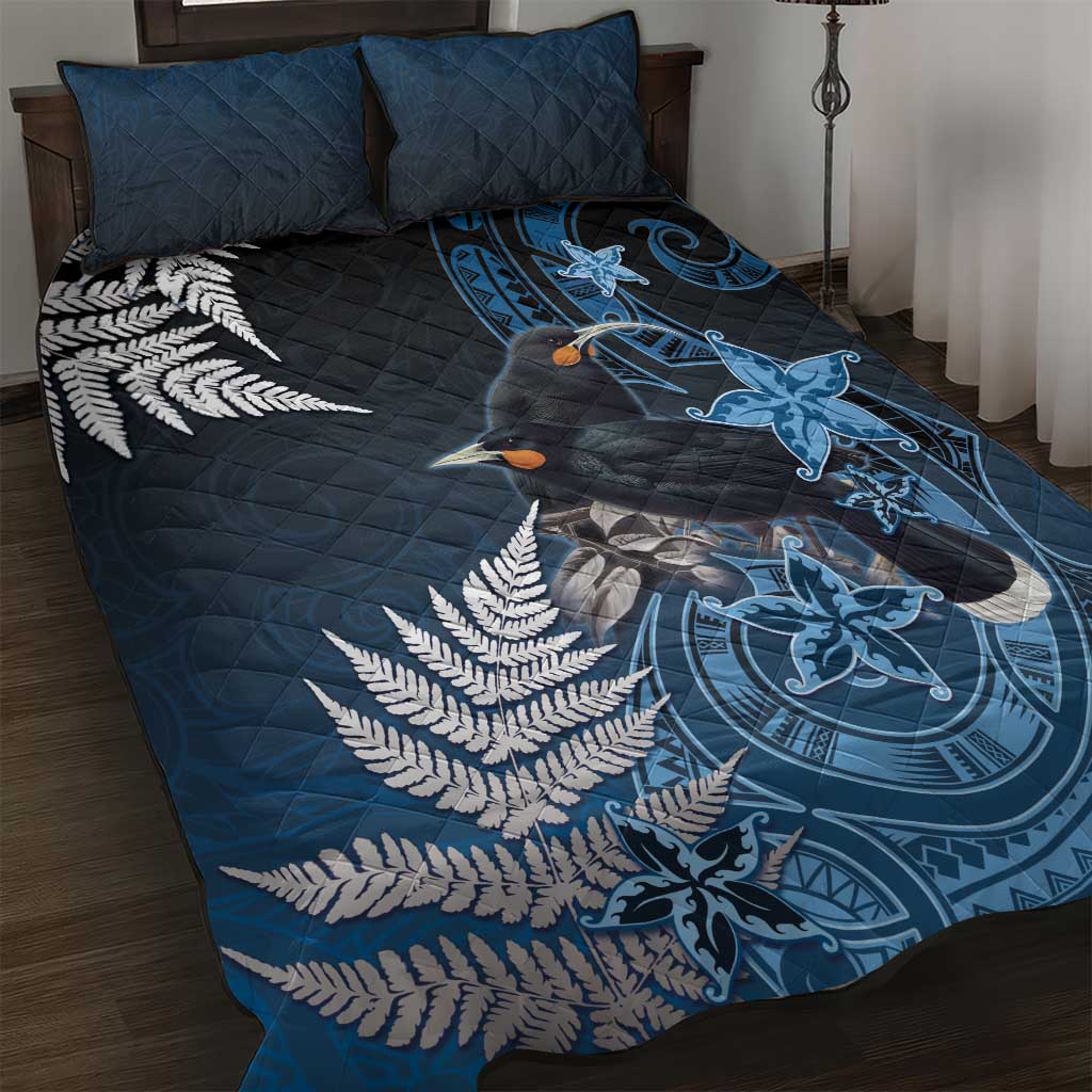 New Zealand Huia Bird Quilt Bed Set Aotearoa Maori Pattern LT05 Navy - Polynesian Pride