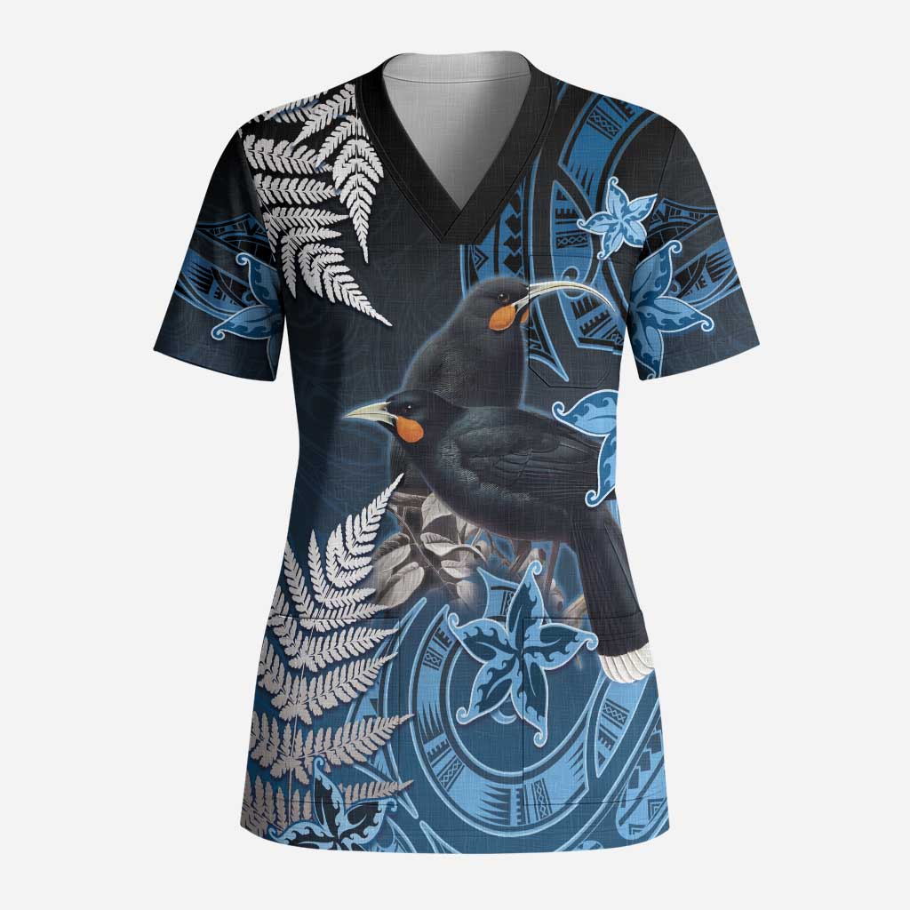 New Zealand Huia Bird Scrub Top Aotearoa Maori Pattern LT05 Adult Navy - Polynesian Pride
