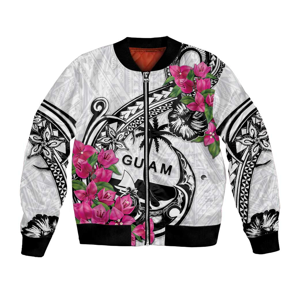 Guam Chamorro Bomber Jacket Bougainvillea White Polynesian Tribal Pattern LT05 Unisex White - Polynesian Pride