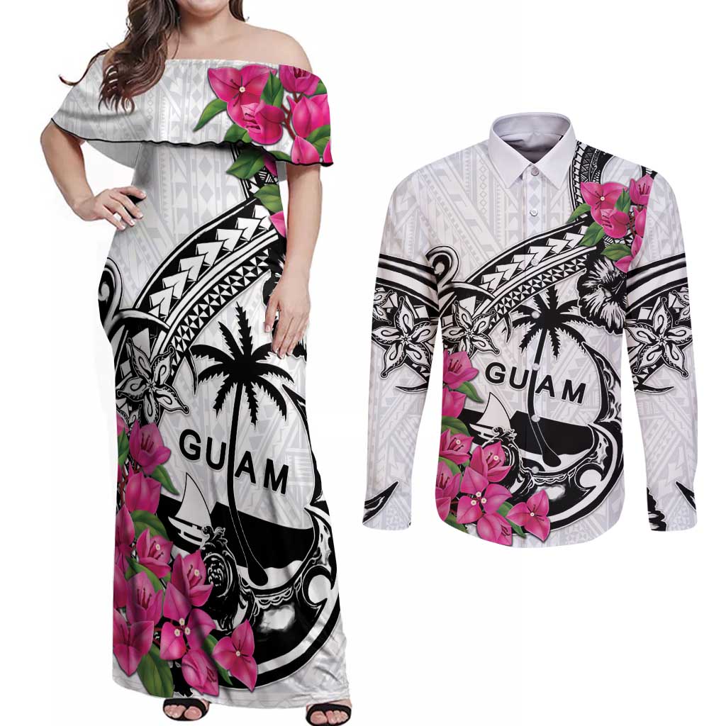 Guam Chamorro Couples Matching Off Shoulder Maxi Dress and Long Sleeve Button Shirt Bougainvillea White Polynesian Tribal Pattern LT05 White - Polynesian Pride