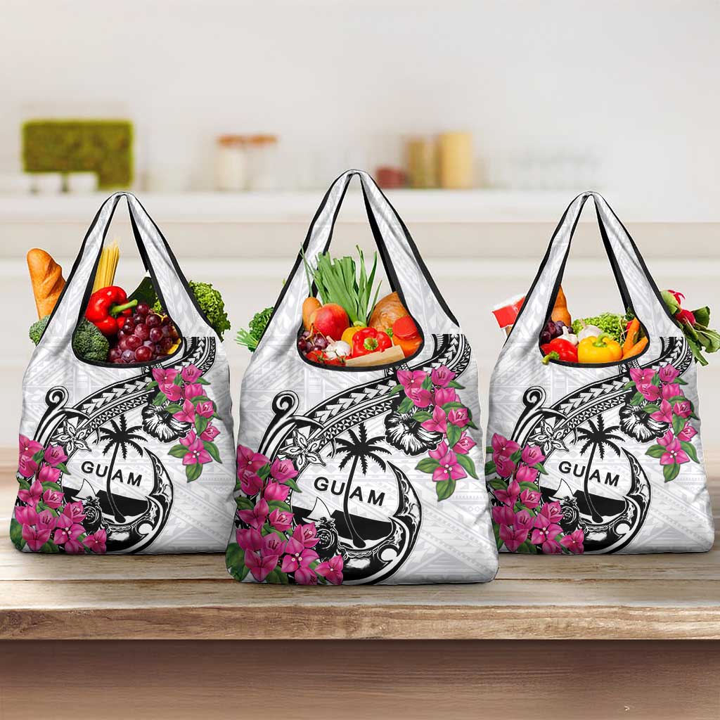 Guam Chamorro Grocery Bag Bougainvillea White Polynesian Tribal Pattern LT05 3-pack One Size White - Polynesian Pride
