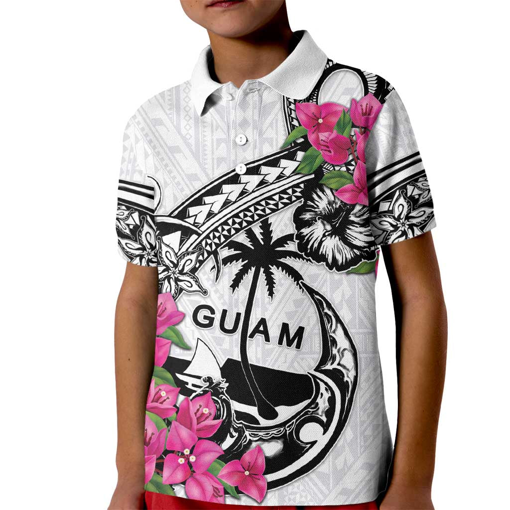 Guam Chamorro Kid Polo Shirt Bougainvillea White Polynesian Tribal Pattern LT05 Kid White - Polynesian Pride