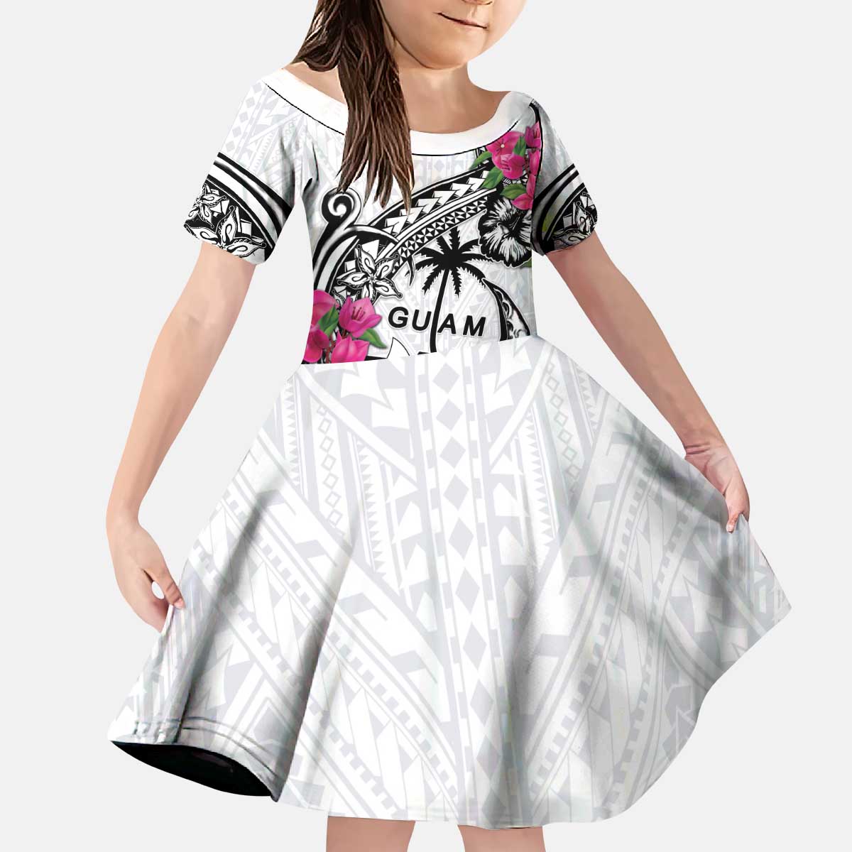 Guam Chamorro Kid Short Sleeve Dress Bougainvillea White Polynesian Tribal Pattern LT05 KID White - Polynesian Pride