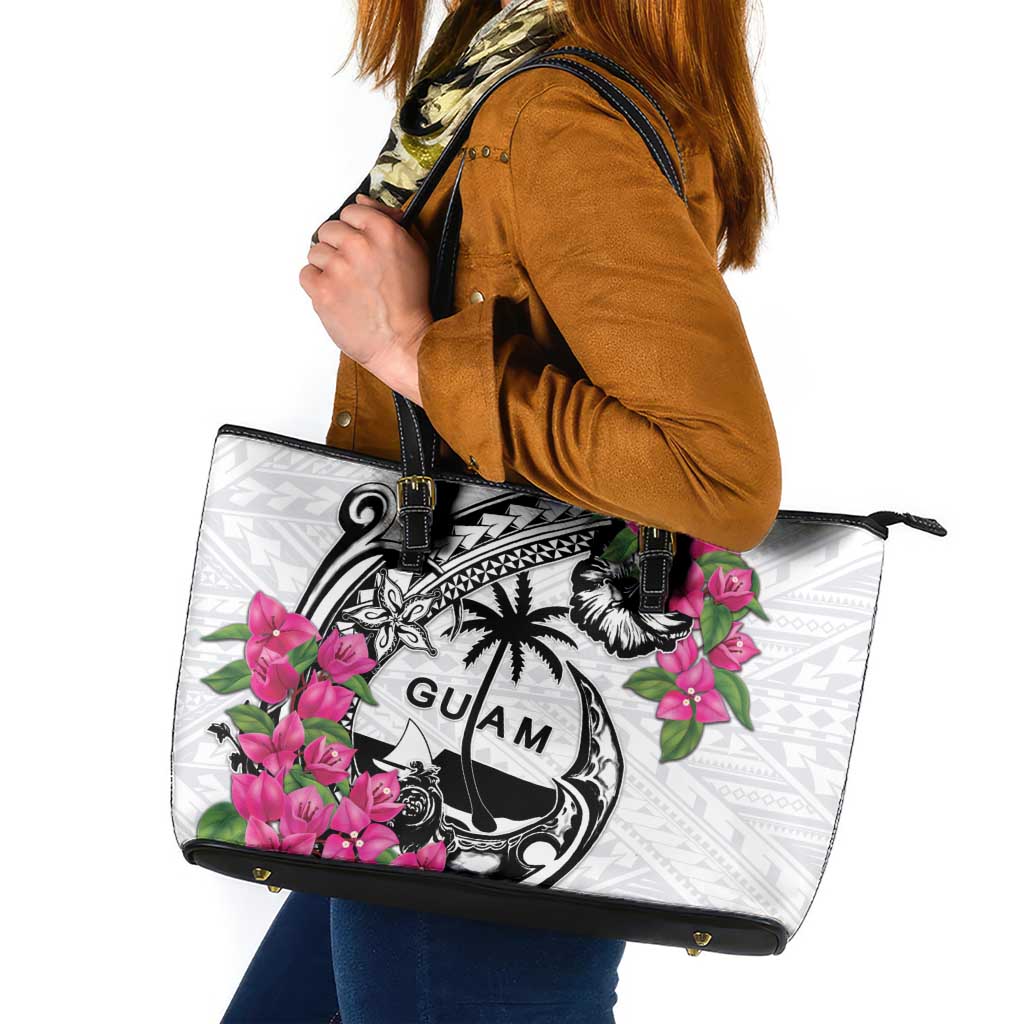 Guam Chamorro Leather Tote Bag Bougainvillea White Polynesian Tribal Pattern LT05 White - Polynesian Pride