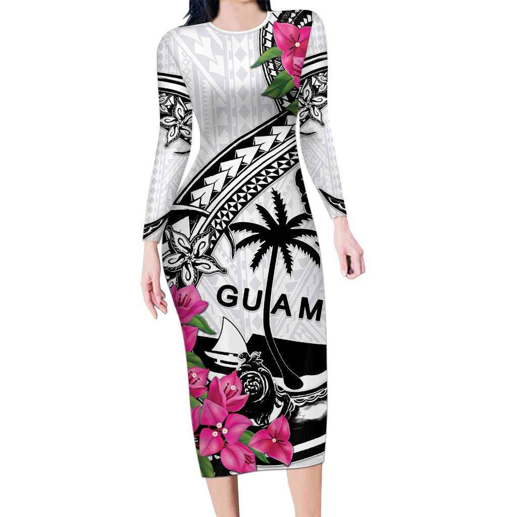 Guam Chamorro Long Sleeve Bodycon Dress Bougainvillea White Polynesian Tribal Pattern LT05 Long Dress White - Polynesian Pride