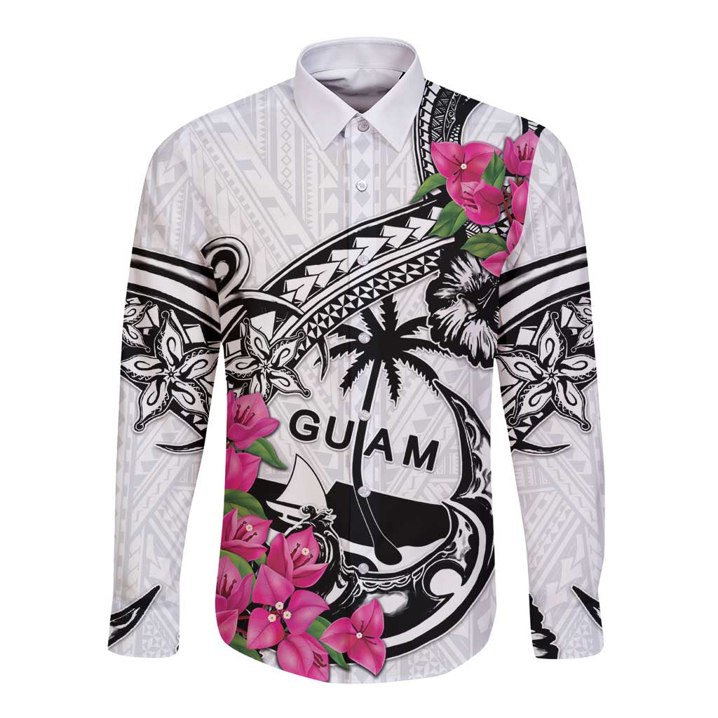 Guam Chamorro Long Sleeve Button Shirt Bougainvillea White Polynesian Tribal Pattern LT05 Unisex White - Polynesian Pride