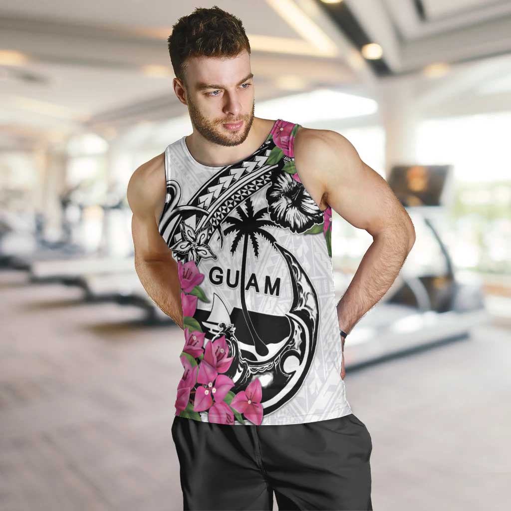 Guam Chamorro Men Tank Top Bougainvillea White Polynesian Tribal Pattern LT05 White - Polynesian Pride