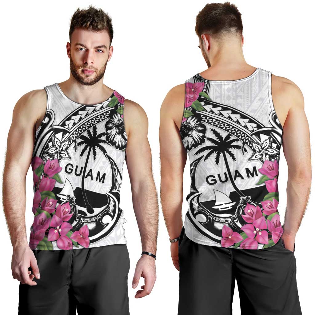 Guam Chamorro Men Tank Top Bougainvillea White Polynesian Tribal Pattern LT05 - Polynesian Pride
