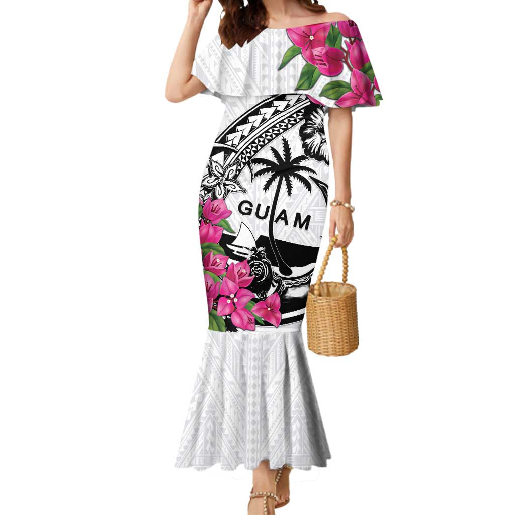 Guam Chamorro Mermaid Dress Bougainvillea White Polynesian Tribal Pattern LT05 Women White - Polynesian Pride