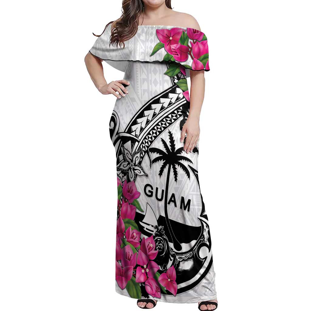 Guam Chamorro Off Shoulder Maxi Dress Bougainvillea White Polynesian Tribal Pattern LT05 Women White - Polynesian Pride