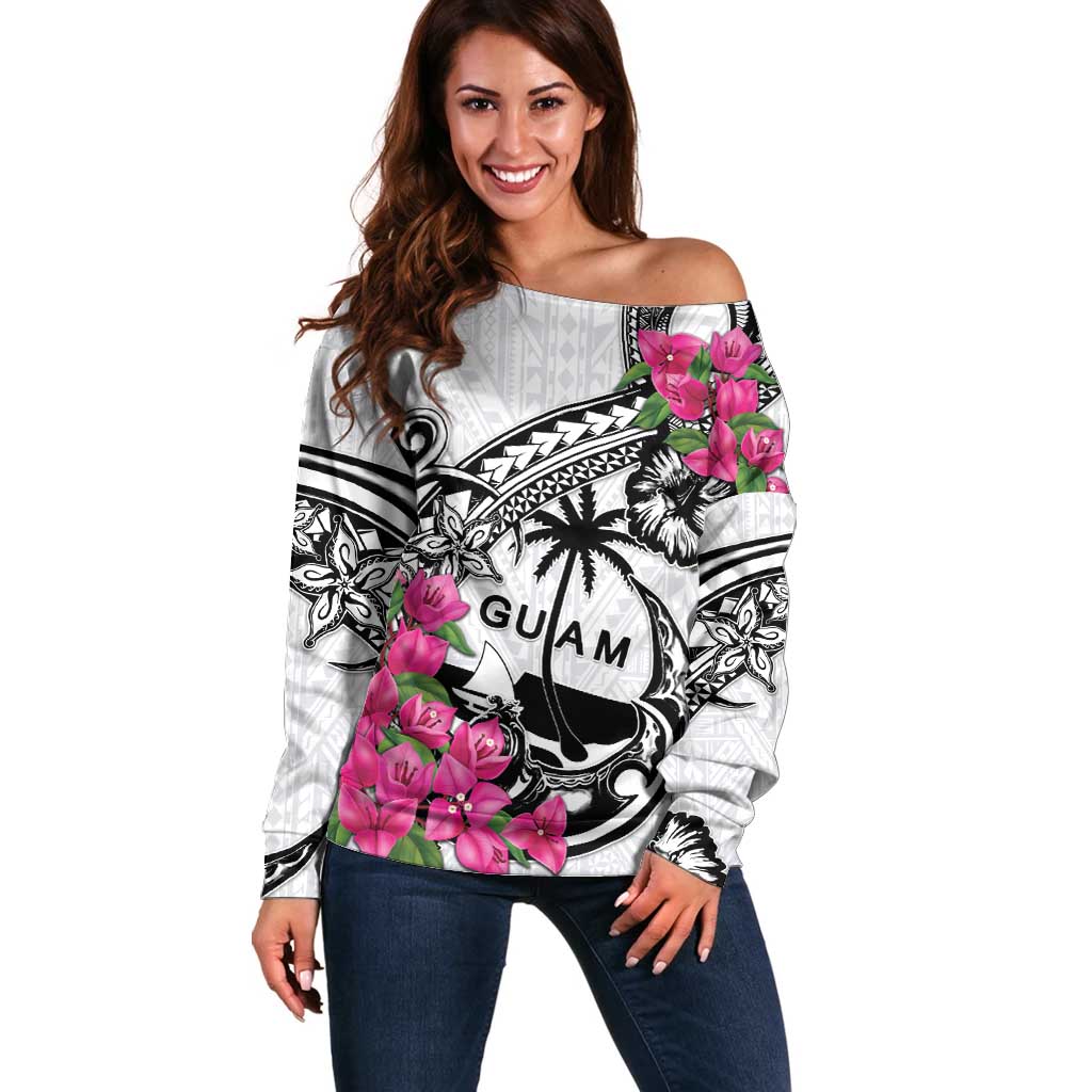 Guam Chamorro Off Shoulder Sweater Bougainvillea White Polynesian Tribal Pattern