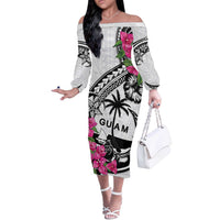 Guam Chamorro Off The Shoulder Long Sleeve Dress Bougainvillea White Polynesian Tribal Pattern LT05 Women White - Polynesian Pride