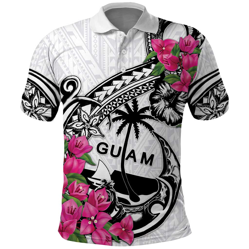 Guam Chamorro Polo Shirt Bougainvillea White Polynesian Tribal Pattern LT05 White - Polynesian Pride