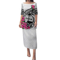 Guam Chamorro Puletasi Bougainvillea White Polynesian Tribal Pattern LT05 Long Dress White - Polynesian Pride