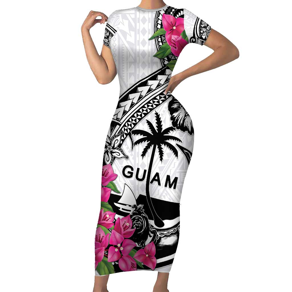 Guam Chamorro Short Sleeve Bodycon Dress Bougainvillea White Polynesian Tribal Pattern LT05 Long Dress White - Polynesian Pride