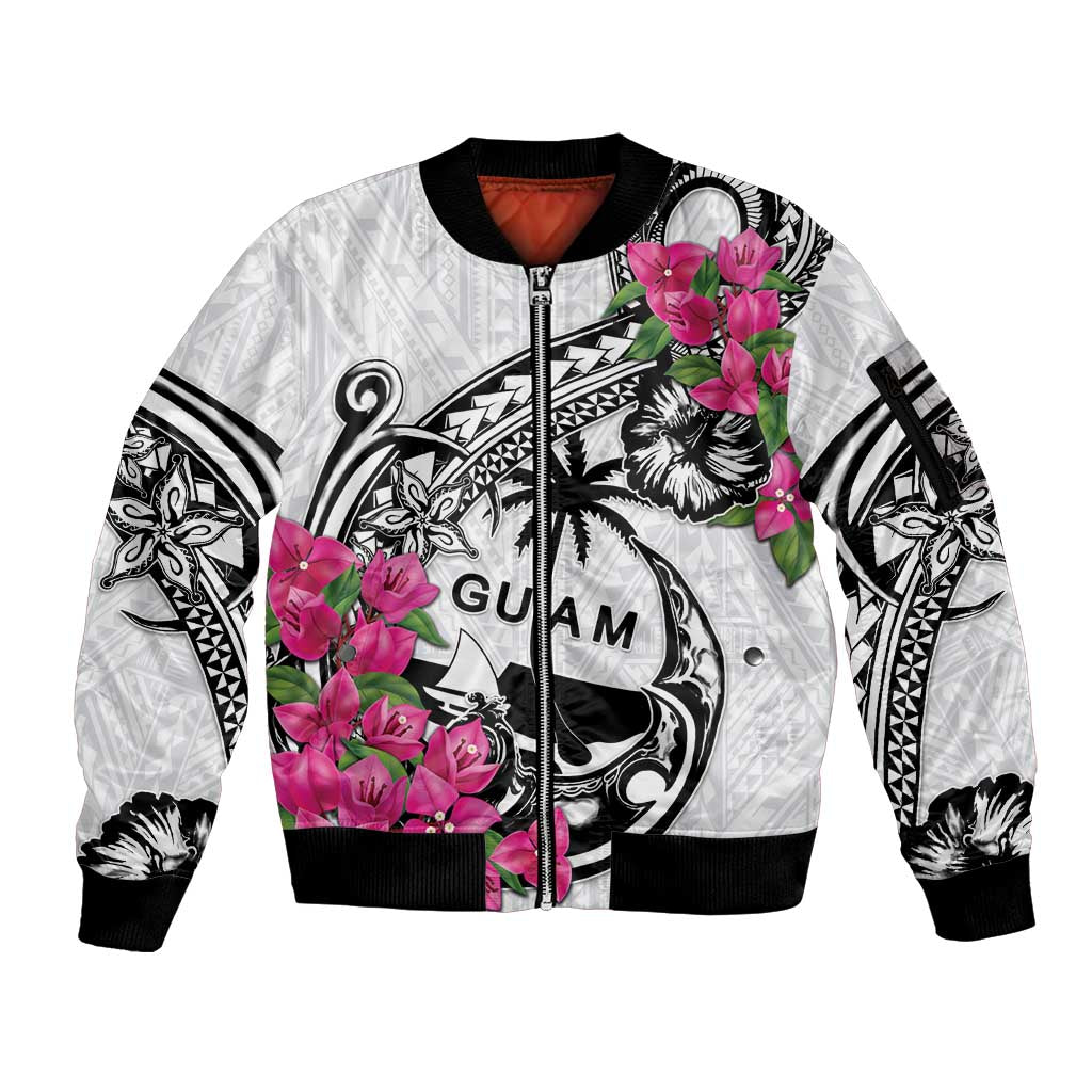 Guam Chamorro Sleeve Zip Bomber Jacket Bougainvillea White Polynesian Tribal Pattern LT05 Unisex White - Polynesian Pride