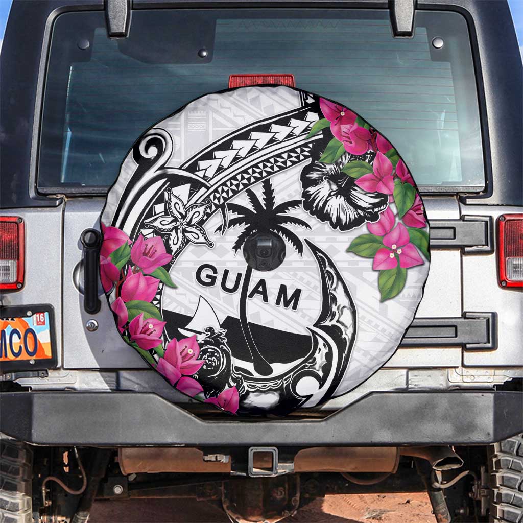 Guam Chamorro Spare Tire Cover Bougainvillea White Polynesian Tribal Pattern LT05 White - Polynesian Pride