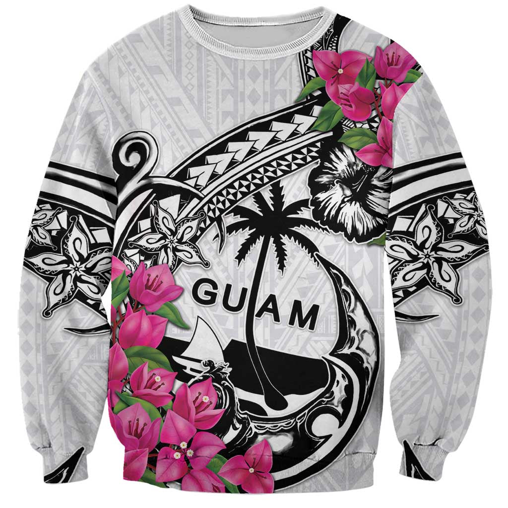 Guam Chamorro Sweatshirt Bougainvillea White Polynesian Tribal Pattern LT05 Unisex White - Polynesian Pride