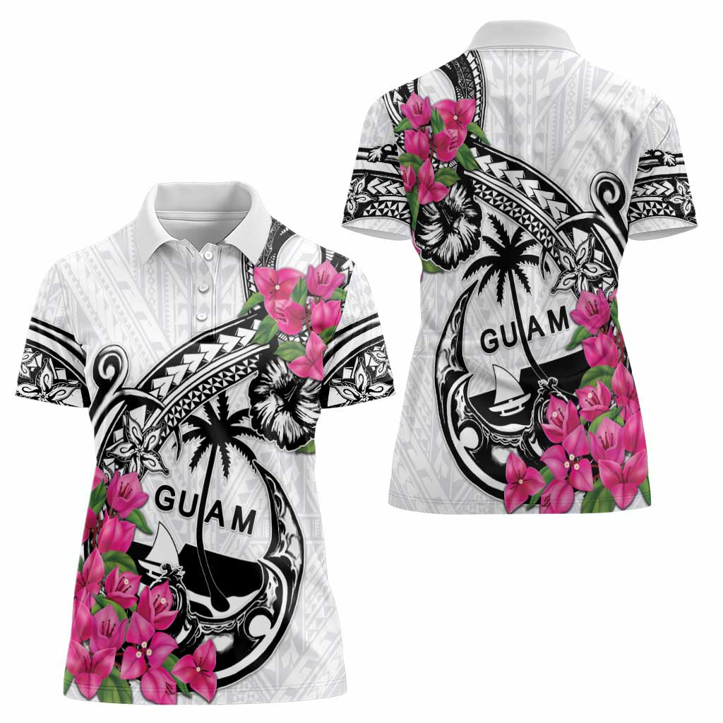Guam Chamorro Women Polo Shirt Bougainvillea White Polynesian Tribal Pattern LT05 - Polynesian Pride