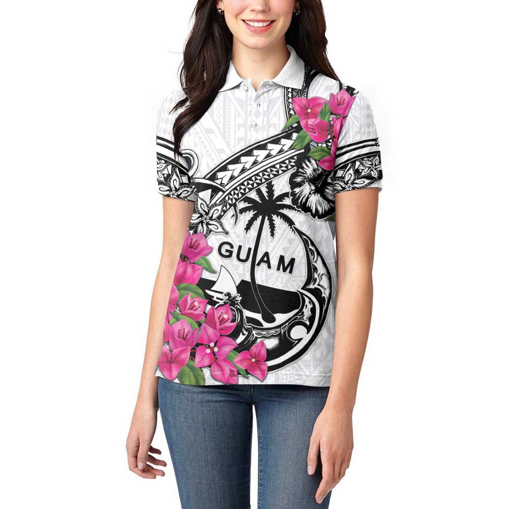 Guam Chamorro Women Polo Shirt Bougainvillea White Polynesian Tribal Pattern LT05 - Polynesian Pride