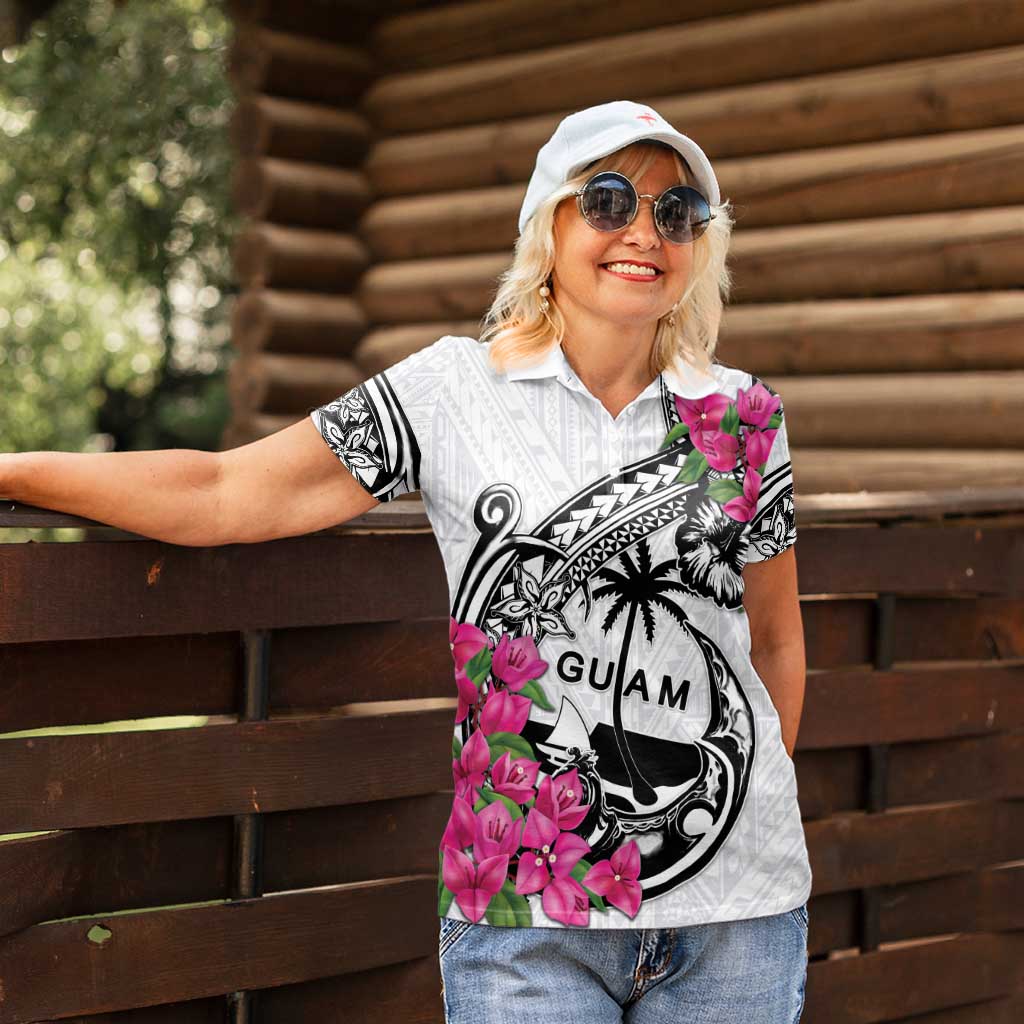 Guam Chamorro Women Polo Shirt Bougainvillea White Polynesian Tribal Pattern LT05 - Polynesian Pride