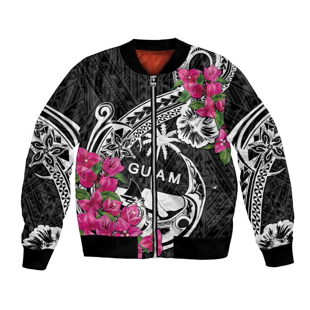 Guam Chamorro Bomber Jacket Bougainvillea Black Polynesian Tribal Pattern LT05 Unisex Black - Polynesian Pride