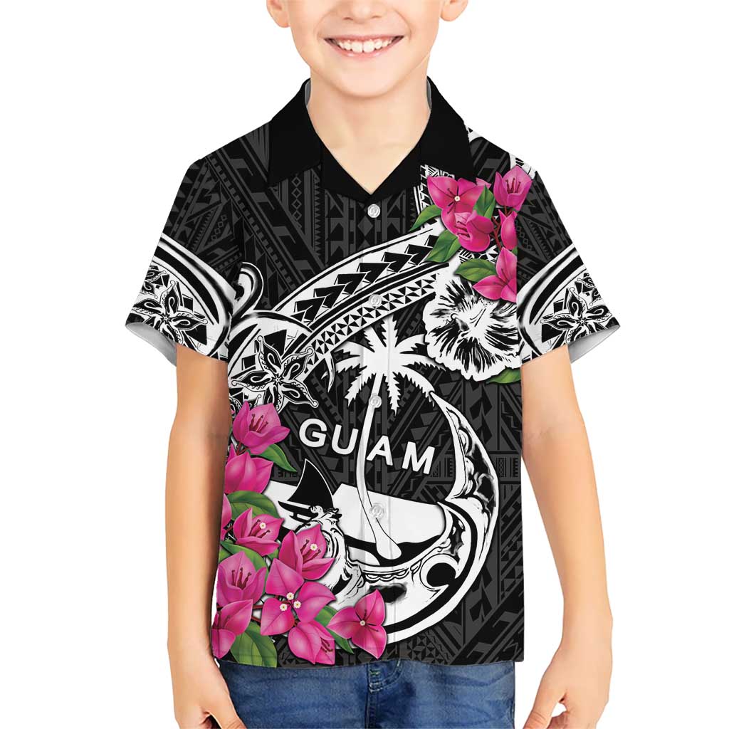 Guam Chamorro Kid Hawaiian Shirt Bougainvillea Black Polynesian Tribal Pattern LT05 Kid Black - Polynesian Pride