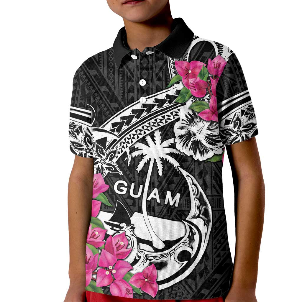 Guam Chamorro Kid Polo Shirt Bougainvillea Black Polynesian Tribal Pattern LT05 Kid Black - Polynesian Pride