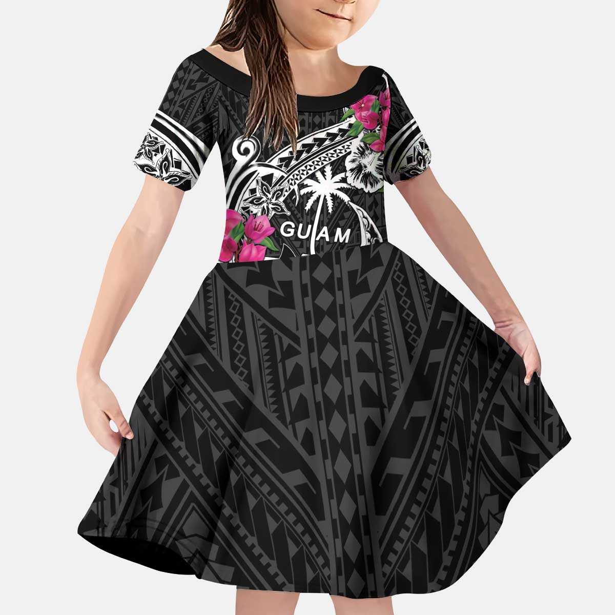 Guam Chamorro Kid Short Sleeve Dress Bougainvillea Black Polynesian Tribal Pattern LT05 KID Black - Polynesian Pride