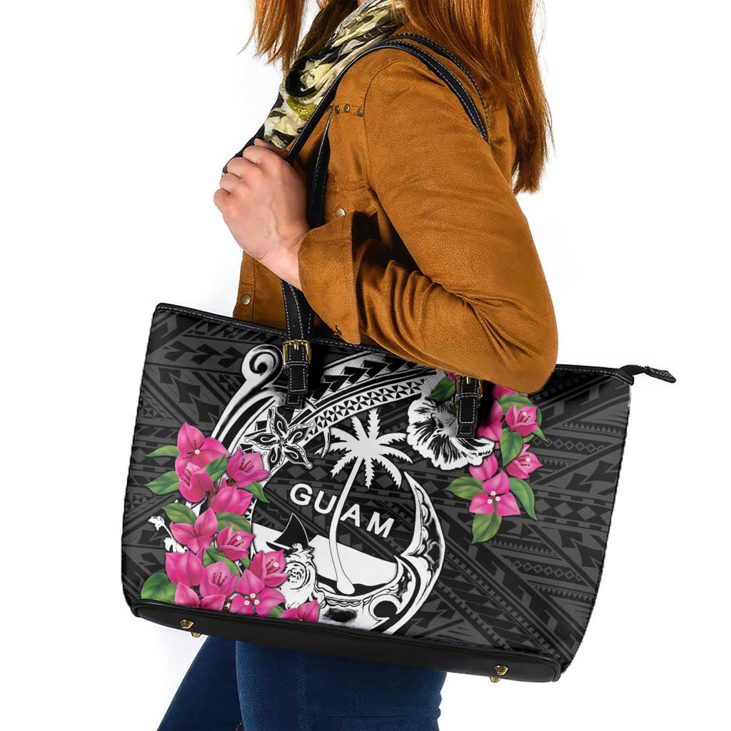 Guam Chamorro Leather Tote Bag Bougainvillea Black Polynesian Tribal Pattern LT05 Black - Polynesian Pride