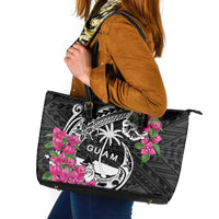 Guam Chamorro Leather Tote Bag Bougainvillea Black Polynesian Tribal Pattern LT05 Black - Polynesian Pride