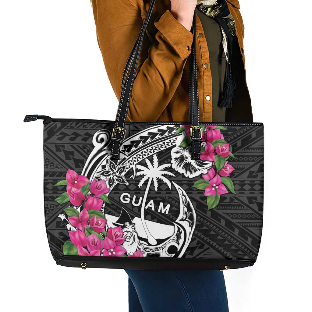 Guam Chamorro Leather Tote Bag Bougainvillea Black Polynesian Tribal Pattern LT05 - Polynesian Pride