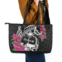 Guam Chamorro Leather Tote Bag Bougainvillea Black Polynesian Tribal Pattern LT05 - Polynesian Pride