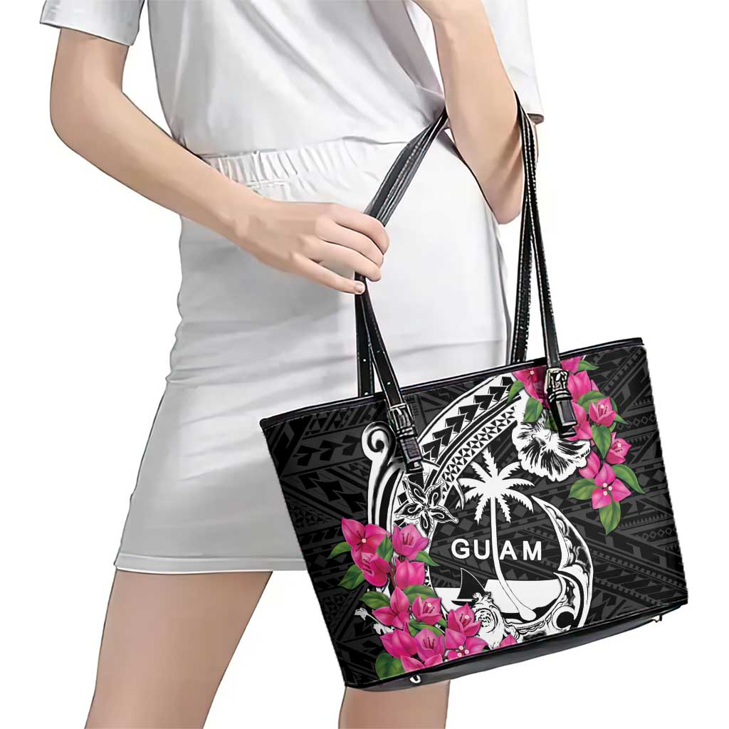 Guam Chamorro Leather Tote Bag Bougainvillea Black Polynesian Tribal Pattern LT05 - Polynesian Pride