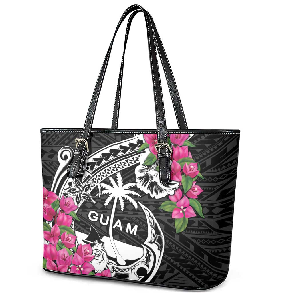 Guam Chamorro Leather Tote Bag Bougainvillea Black Polynesian Tribal Pattern LT05 - Polynesian Pride