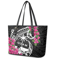 Guam Chamorro Leather Tote Bag Bougainvillea Black Polynesian Tribal Pattern LT05 - Polynesian Pride
