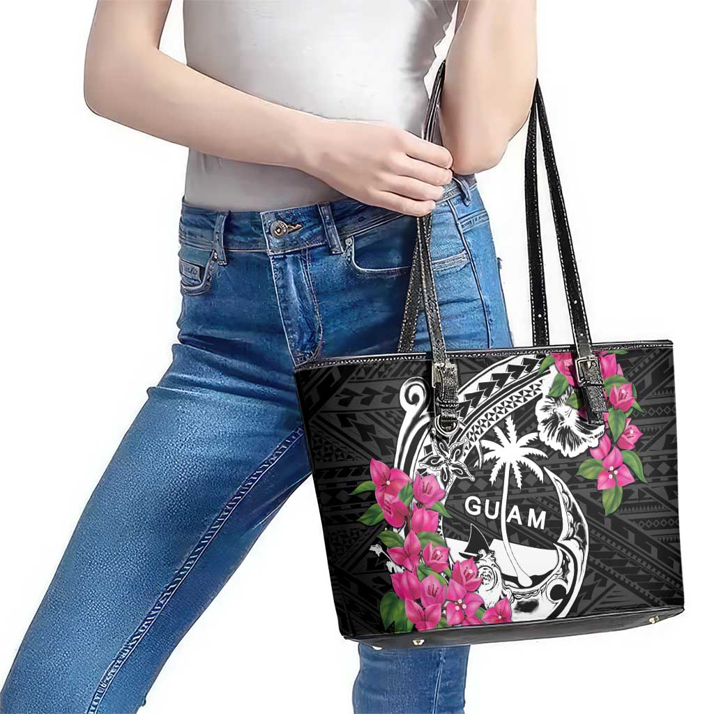 Guam Chamorro Leather Tote Bag Bougainvillea Black Polynesian Tribal Pattern LT05 - Polynesian Pride