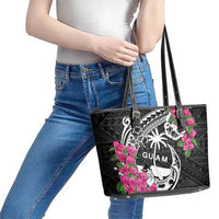 Guam Chamorro Leather Tote Bag Bougainvillea Black Polynesian Tribal Pattern LT05 - Polynesian Pride