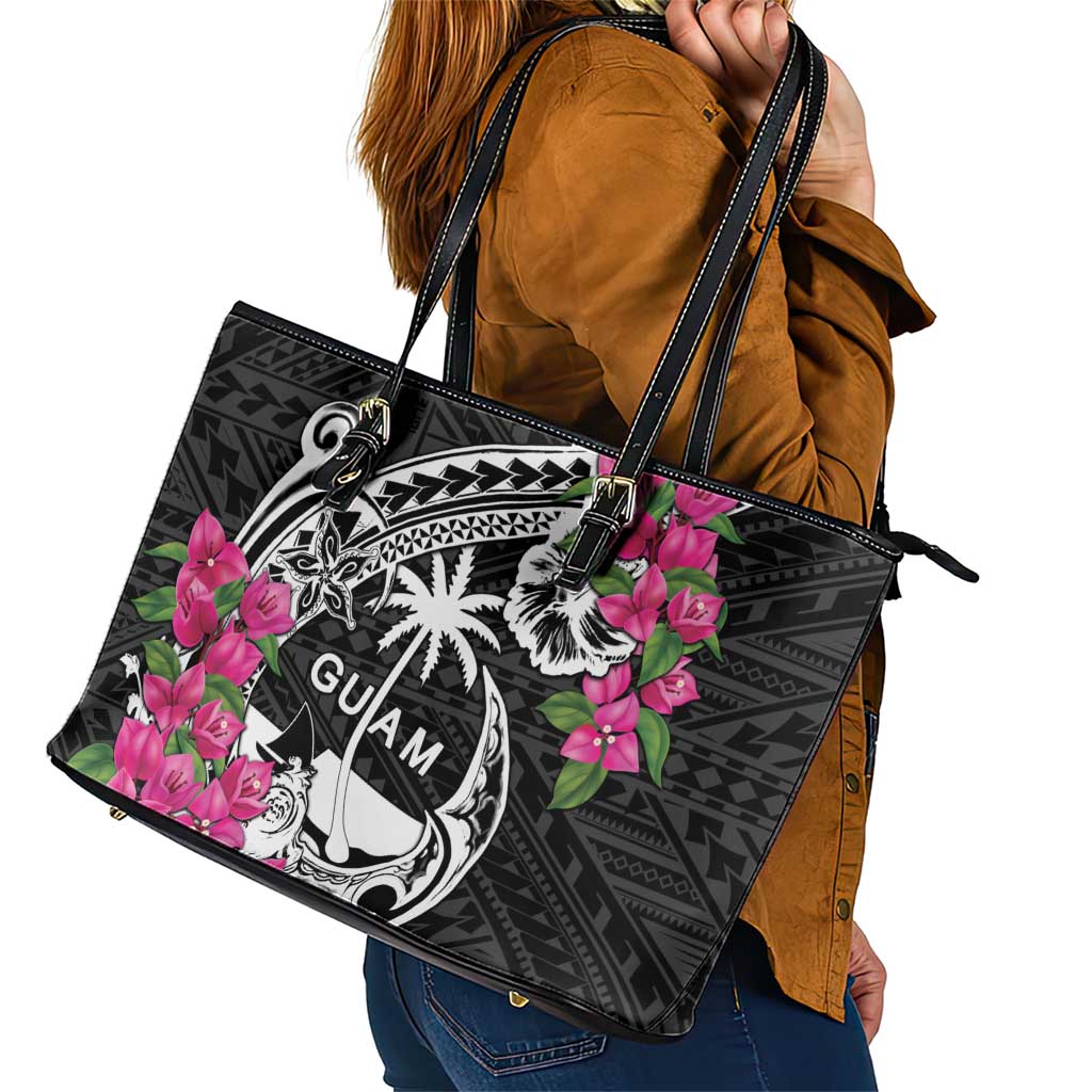Guam Chamorro Leather Tote Bag Bougainvillea Black Polynesian Tribal Pattern LT05 - Polynesian Pride