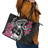 Guam Chamorro Leather Tote Bag Bougainvillea Black Polynesian Tribal Pattern LT05 - Polynesian Pride