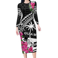 Guam Chamorro Long Sleeve Bodycon Dress Bougainvillea Black Polynesian Tribal Pattern LT05 Long Dress Black - Polynesian Pride