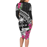 Guam Chamorro Long Sleeve Bodycon Dress Bougainvillea Black Polynesian Tribal Pattern LT05 - Polynesian Pride