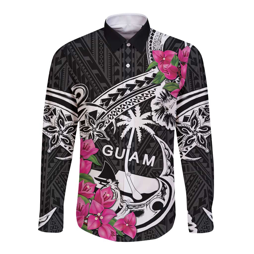 Guam Chamorro Long Sleeve Button Shirt Bougainvillea Black Polynesian Tribal Pattern LT05 Unisex Black - Polynesian Pride