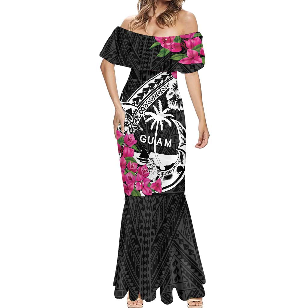 Guam Chamorro Mermaid Dress Bougainvillea Black Polynesian Tribal Pattern LT05 - Polynesian Pride