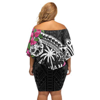 Guam Chamorro Off Shoulder Short Dress Bougainvillea Black Polynesian Tribal Pattern LT05 - Polynesian Pride