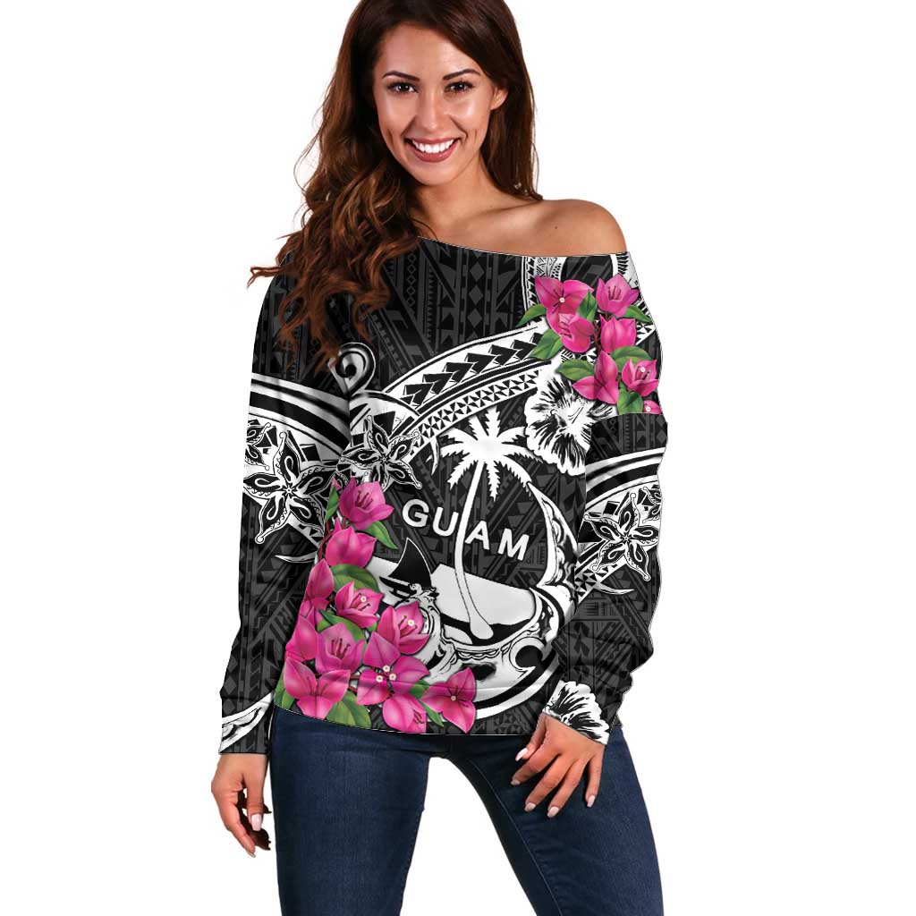 Guam Chamorro Off Shoulder Sweater Bougainvillea Black Polynesian Tribal Pattern