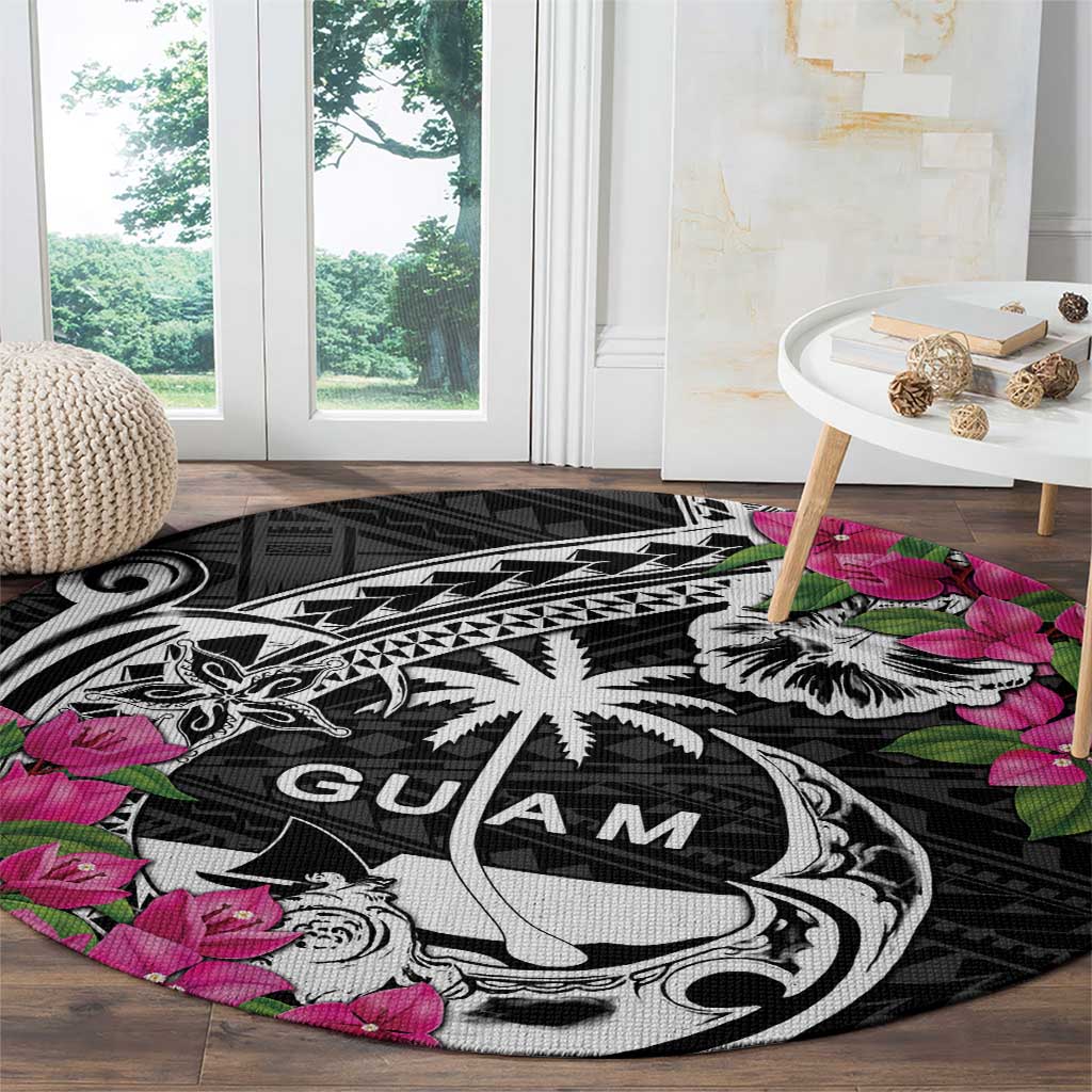 Guam Chamorro Round Carpet Bougainvillea Black Polynesian Tribal Pattern LT05 - Polynesian Pride